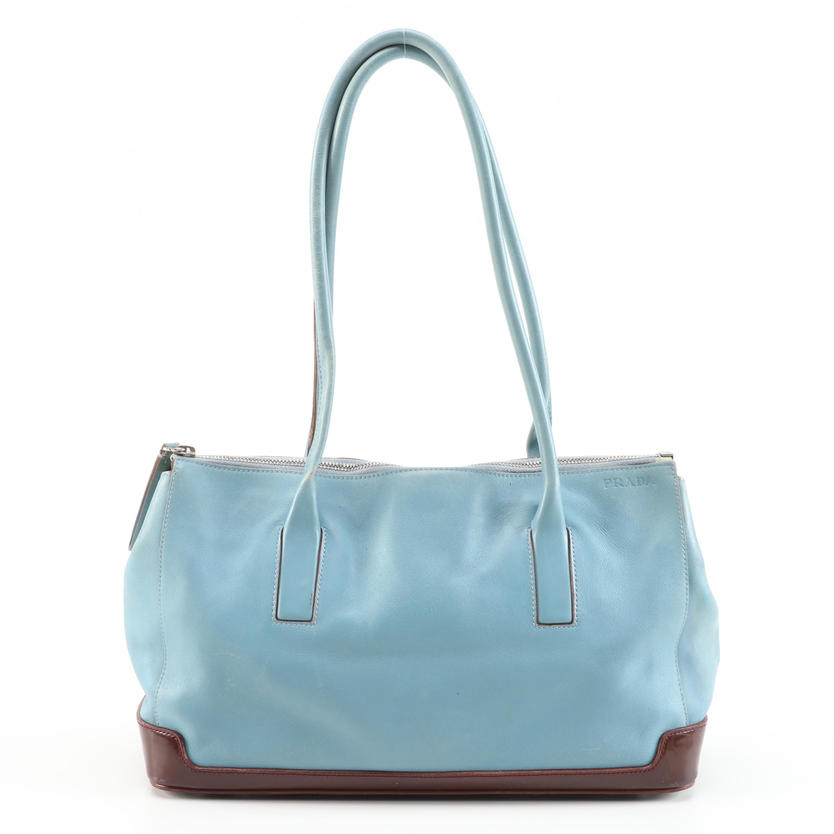 Prada Light Blue Leather Shoulder Bag Trimmed in Mahogany Glazed Leather