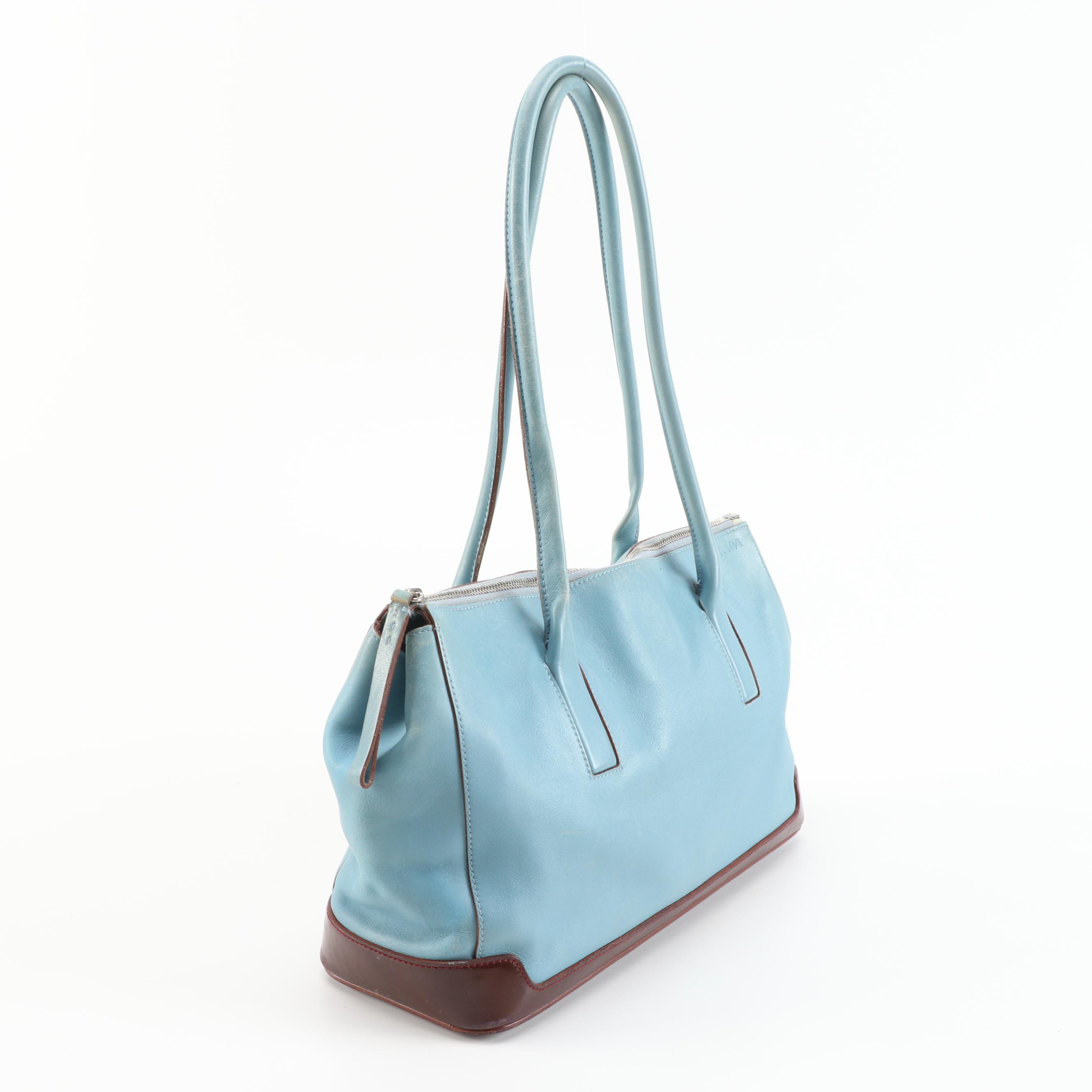 Prada Light Blue Leather Shoulder Bag Trimmed in Mahogany Glazed Leather
