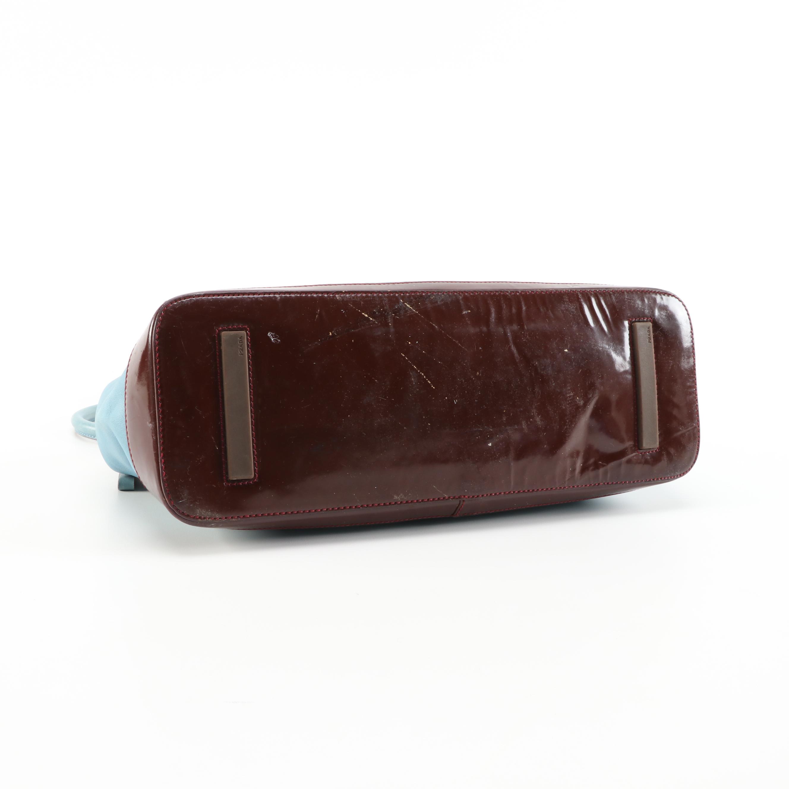 Prada Light Blue Leather Shoulder Bag Trimmed in Mahogany Glazed Leather