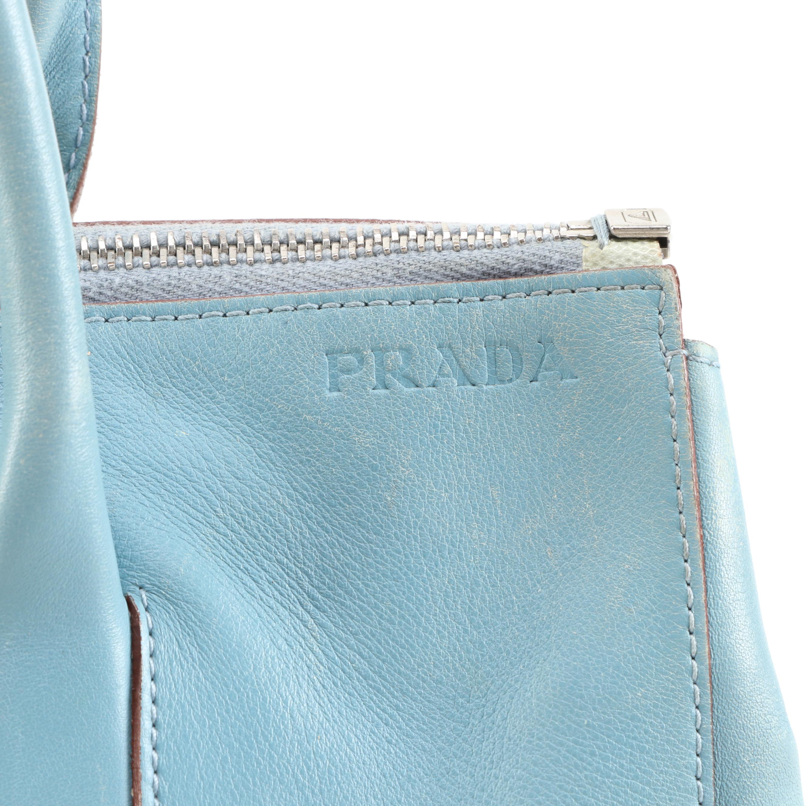 Prada Light Blue Leather Shoulder Bag Trimmed in Mahogany Glazed Leather