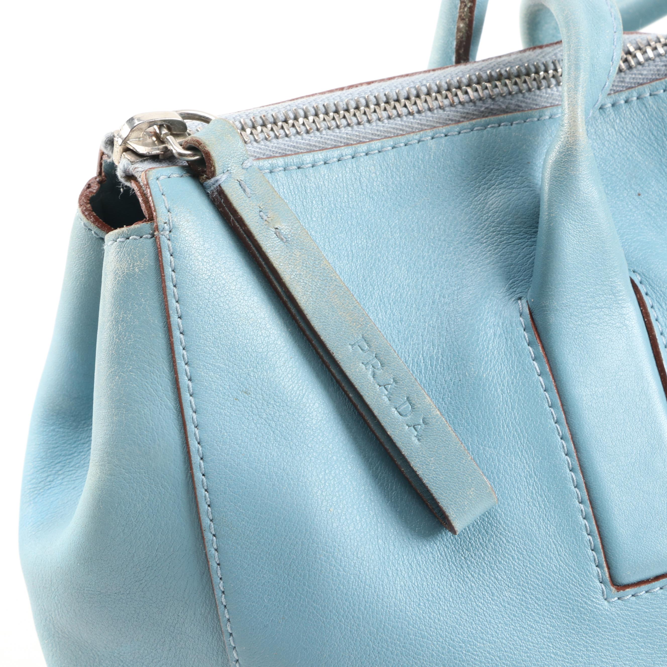 Prada Light Blue Leather Shoulder Bag Trimmed in Mahogany Glazed Leather