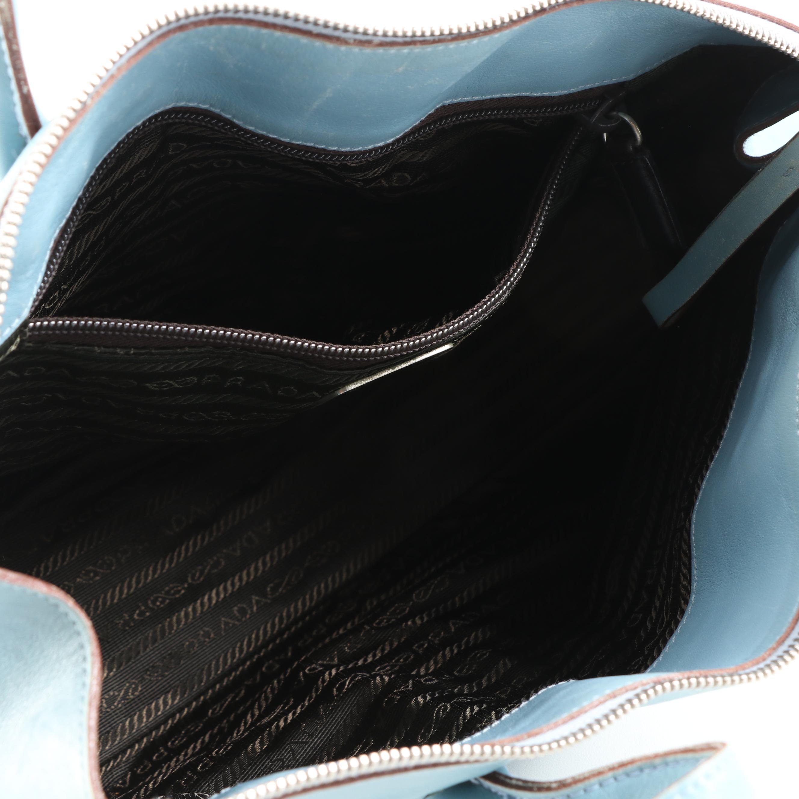 Prada Light Blue Leather Shoulder Bag Trimmed in Mahogany Glazed Leather