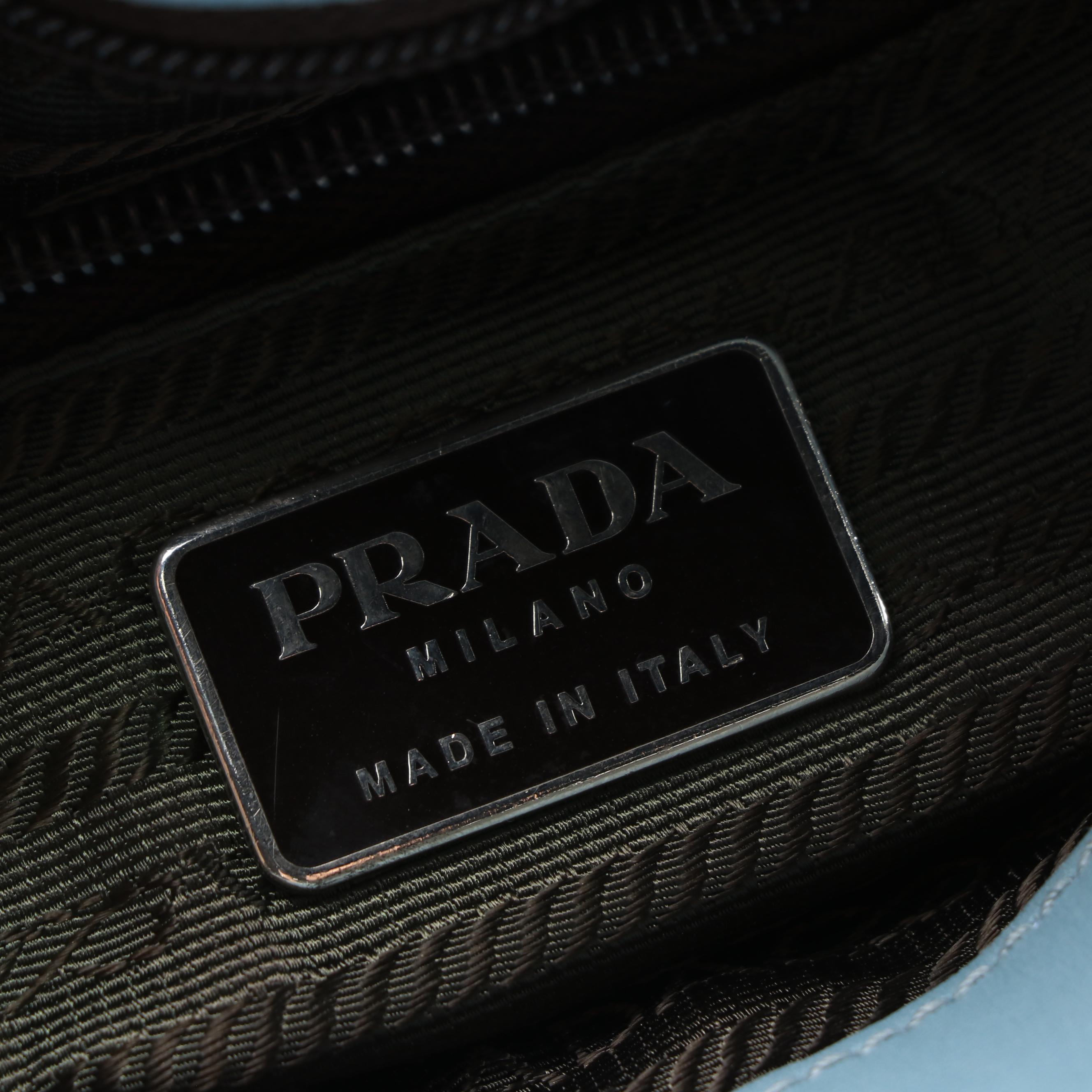 Prada Light Blue Leather Shoulder Bag Trimmed in Mahogany Glazed Leather