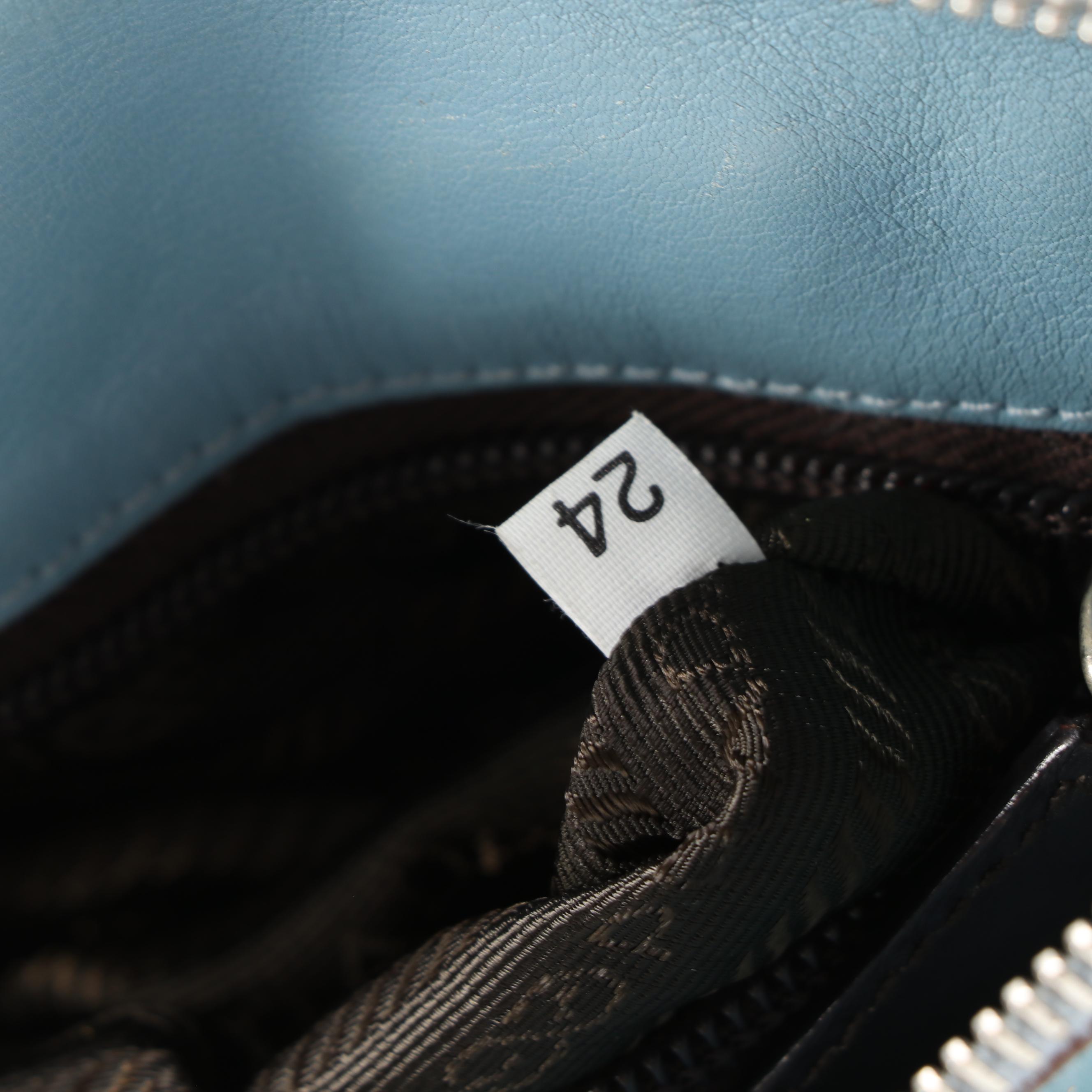 Prada Light Blue Leather Shoulder Bag Trimmed in Mahogany Glazed Leather