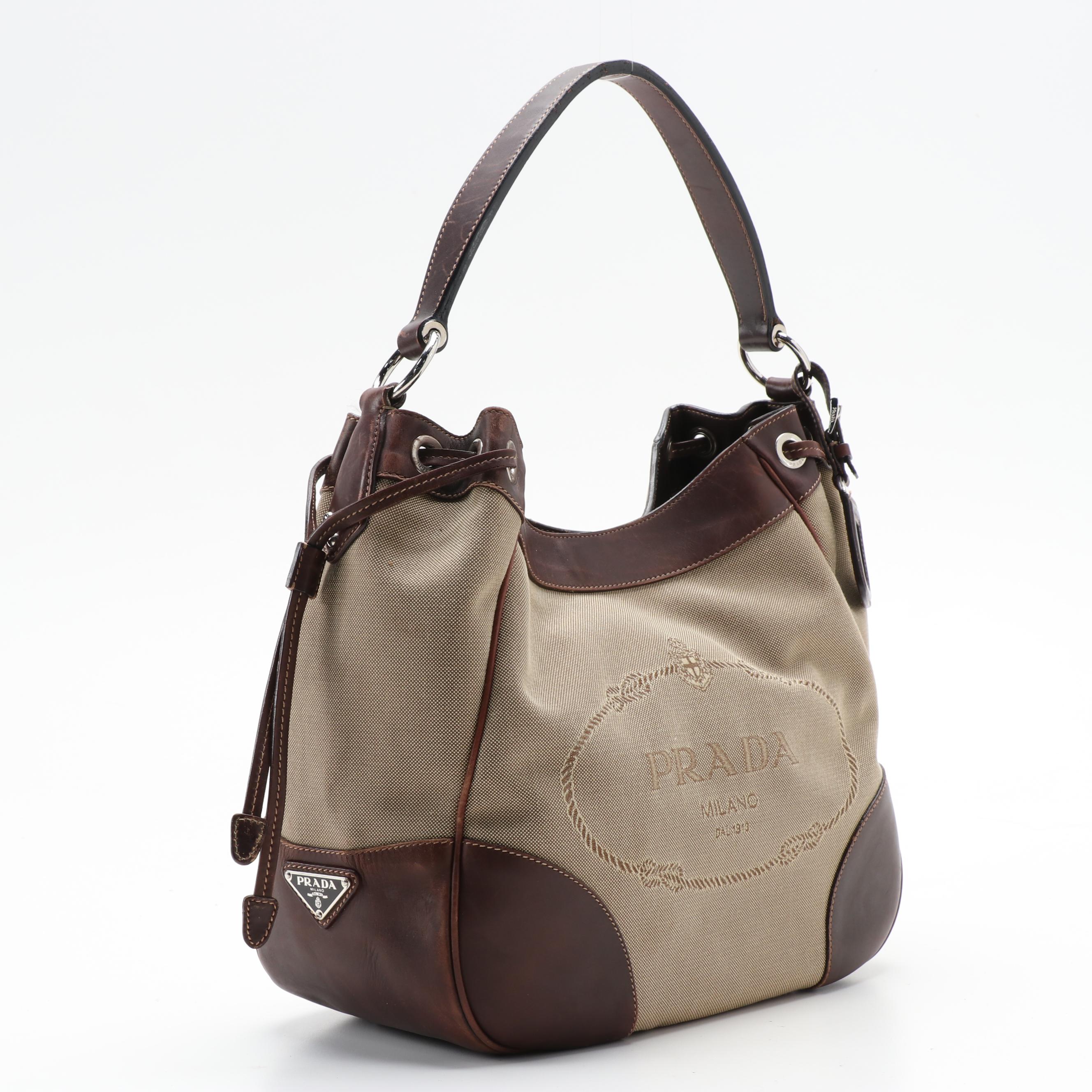 Prada Shoulder Bag in Canapa Canvas with Dark Brown Leather Trim