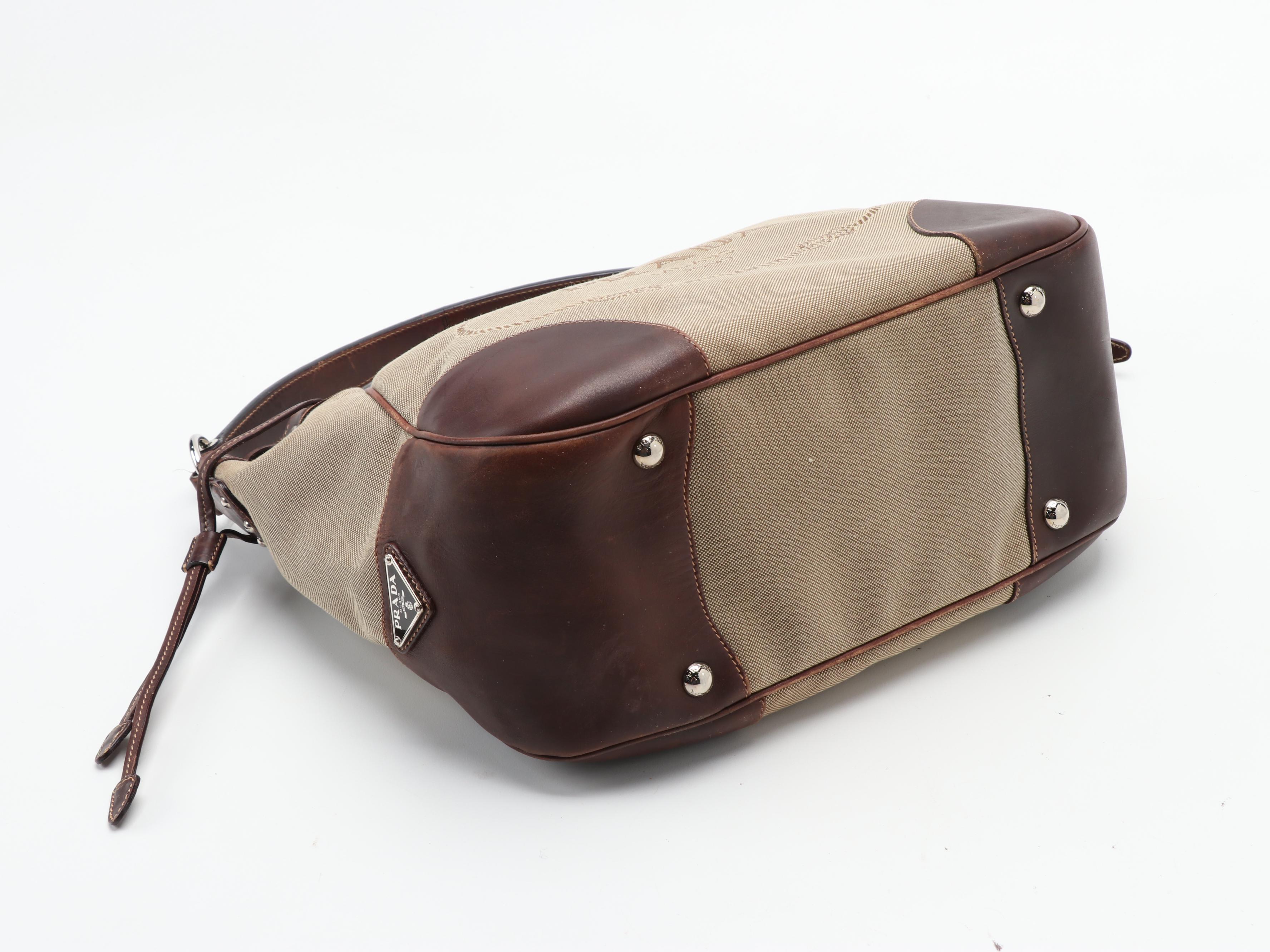 Prada Shoulder Bag in Canapa Canvas with Dark Brown Leather Trim