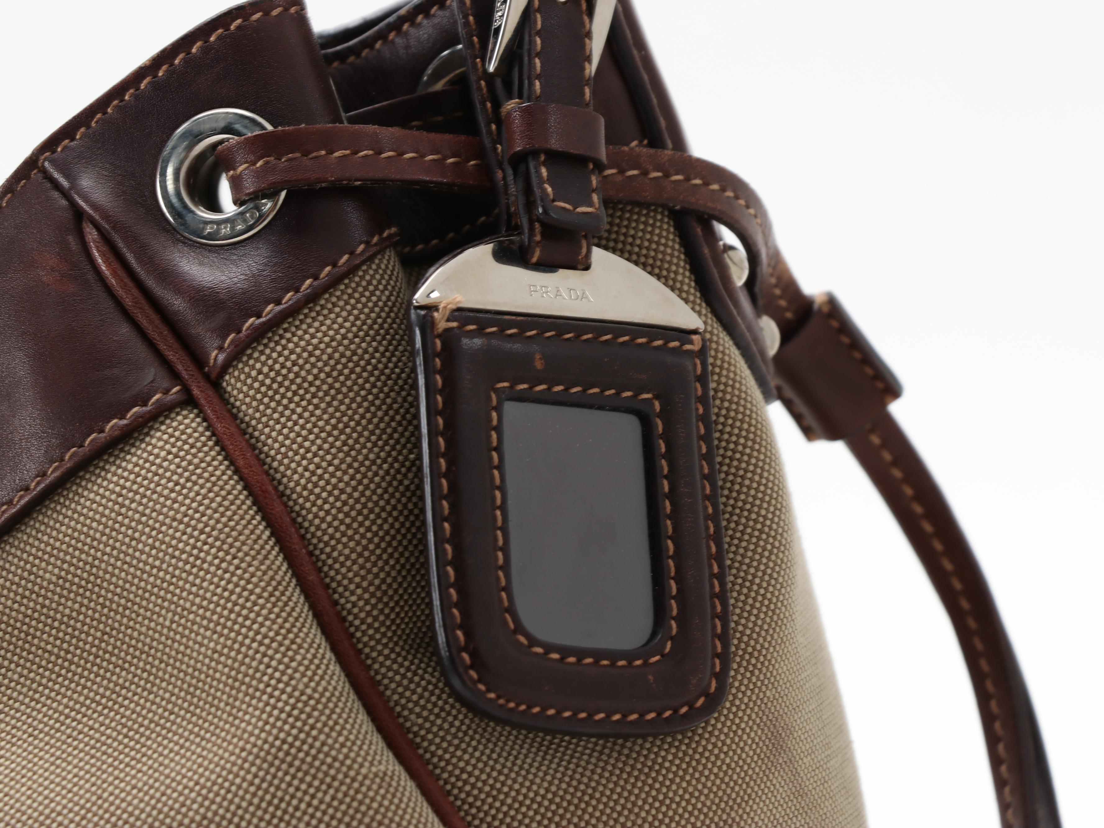 Prada Shoulder Bag in Canapa Canvas with Dark Brown Leather Trim