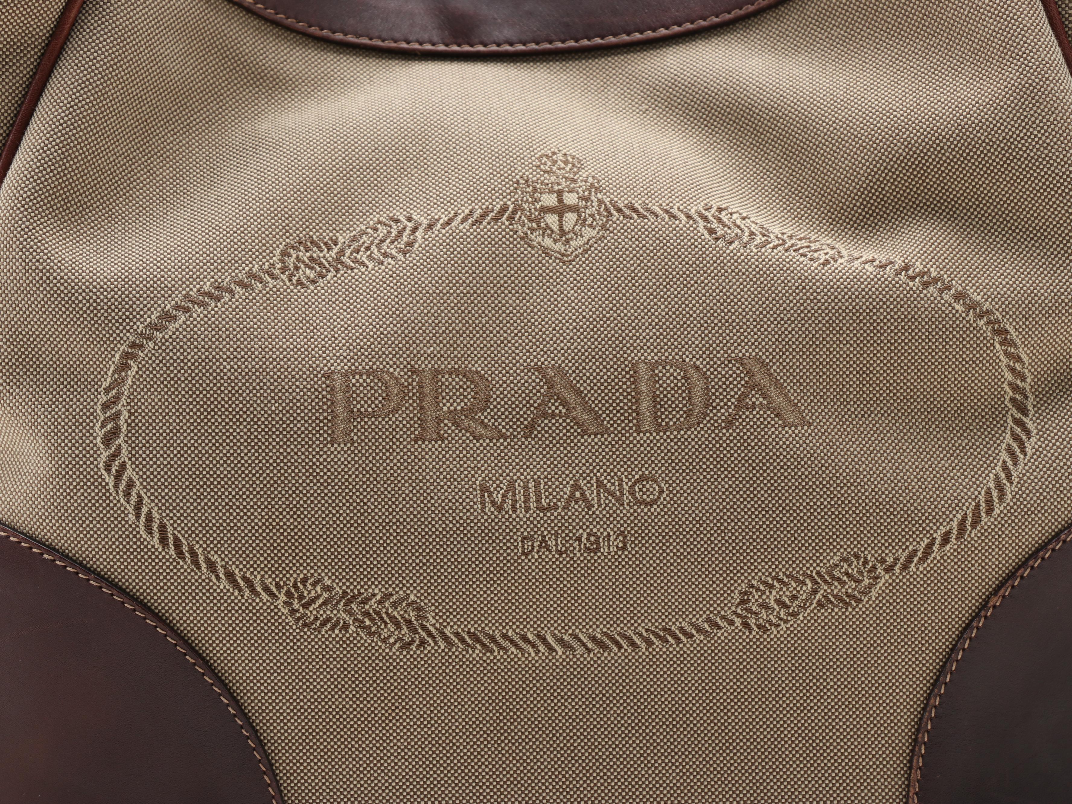 Prada Shoulder Bag in Canapa Canvas with Dark Brown Leather Trim