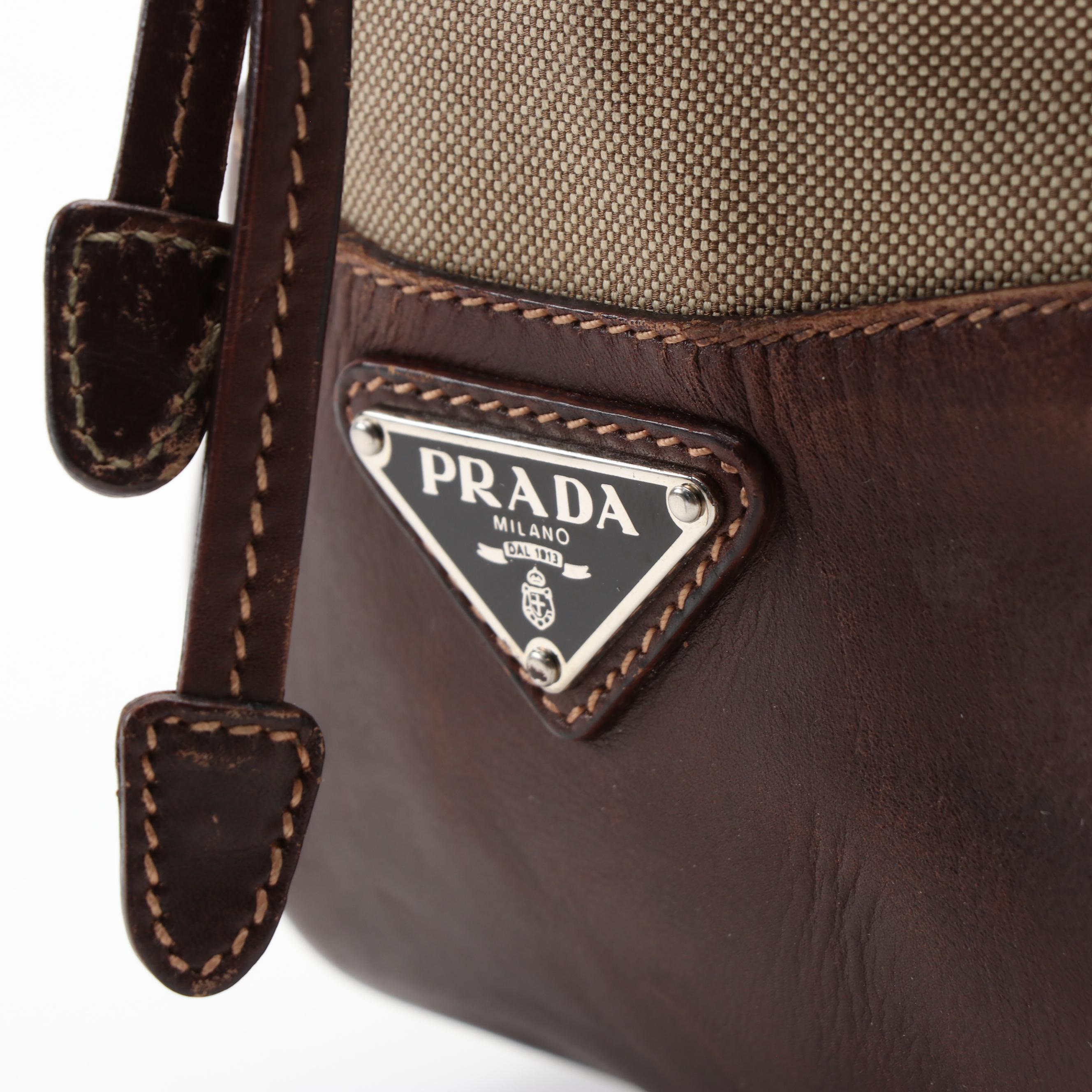 Prada Shoulder Bag in Canapa Canvas with Dark Brown Leather Trim