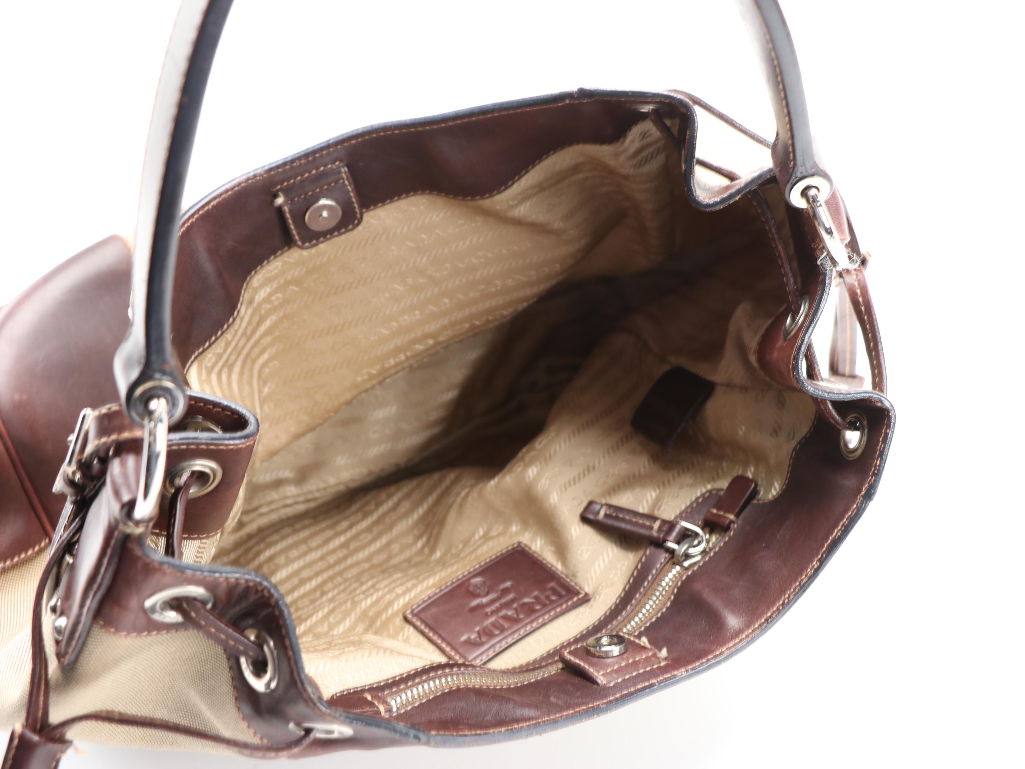 Prada Shoulder Bag in Canapa Canvas with Dark Brown Leather Trim