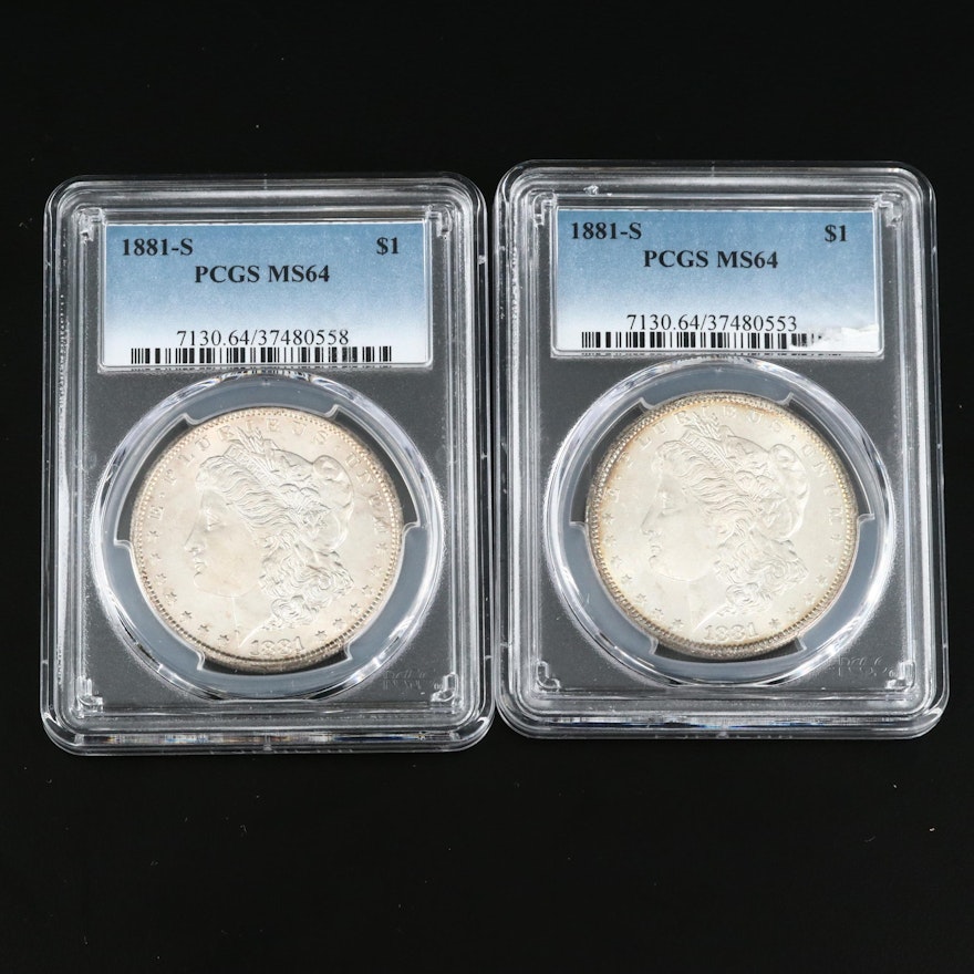 Two PCGS Graded MS64 1881-S Morgan Silver Dollars