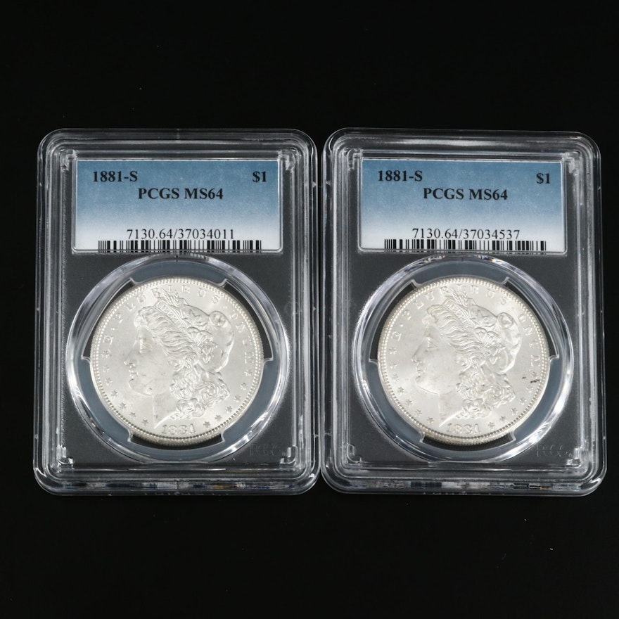 Two PCGS Graded MS64 1881-S Morgan Silver Dollars