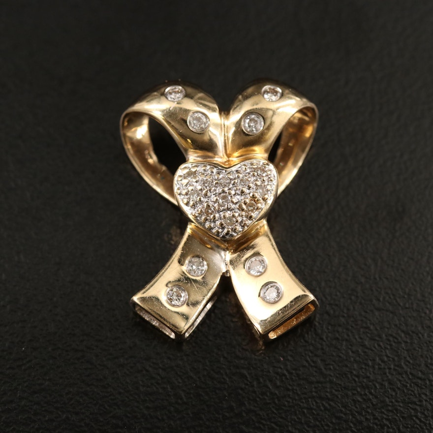 14K Diamond Ribbon and Heart Slide Pendant