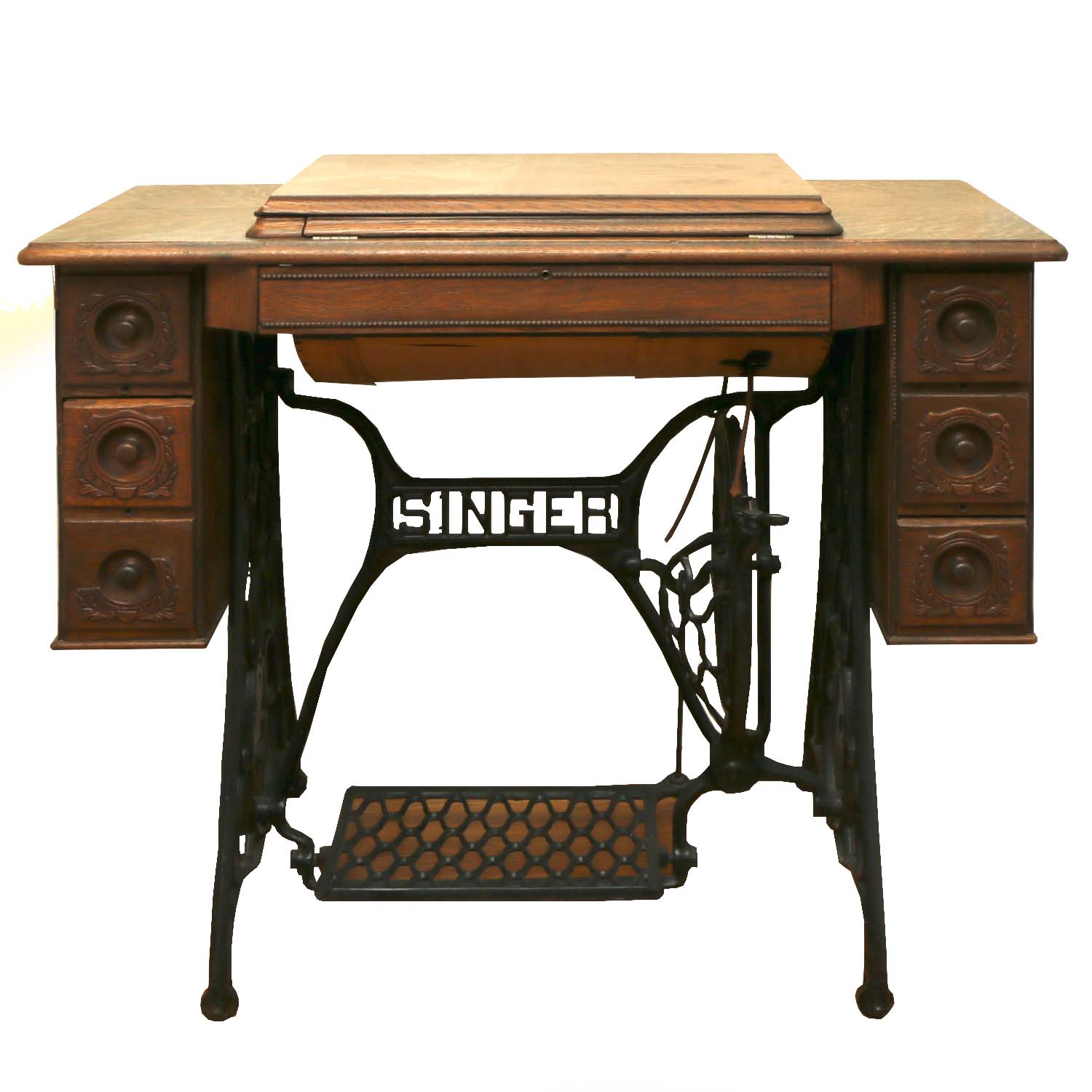 Singer Manufacturing Co. Sewing Machine in Oak Cabinet, Iron Treadle Base, 1919