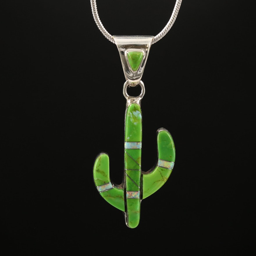 Sterling Cactus Pendant Necklace with Gemstone Inlay