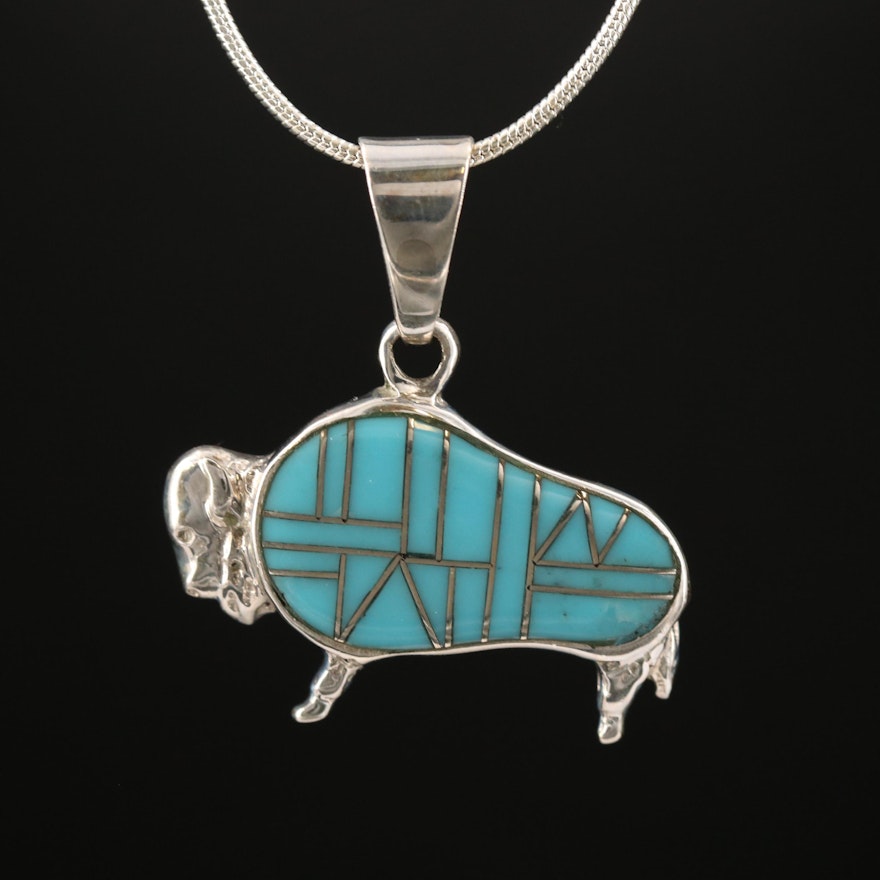 Southwestern Style Sterling Silver Buffalo Pendant Necklace with Turquoise Inlay