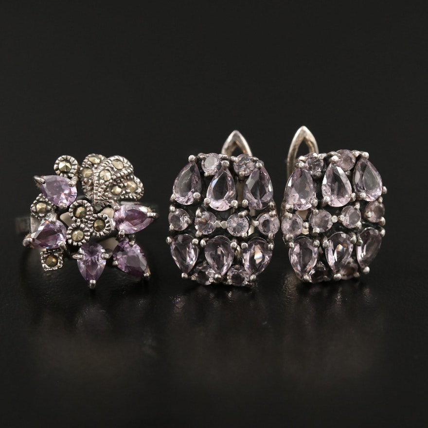 Sterling Silver Ring and Earrings Set Featuring Fluorite and Marcasite