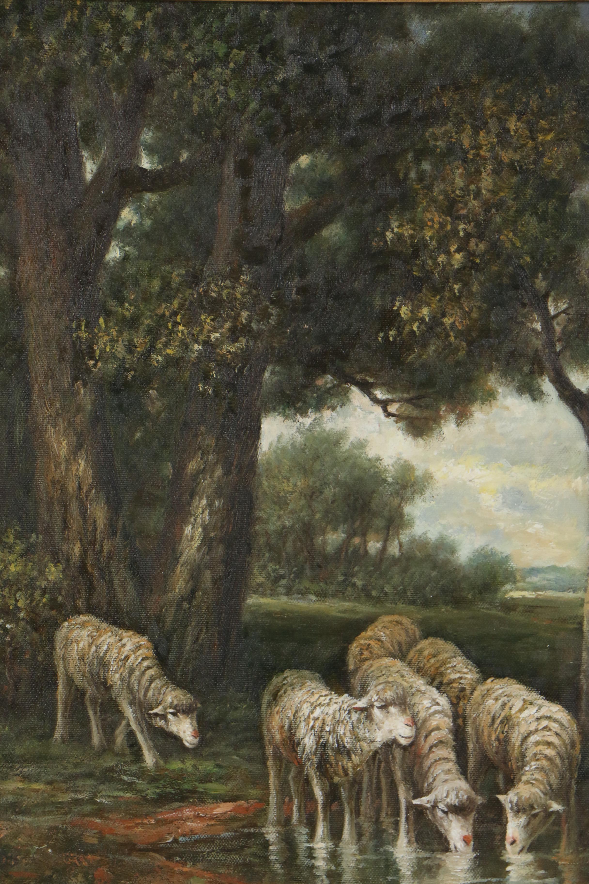 Landscape Oil Painting of Pastoral Scene with Sheep