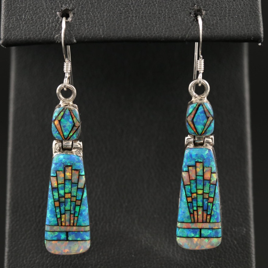 Signed Western Sterling Silver Opal Inlay Dangle Earrings