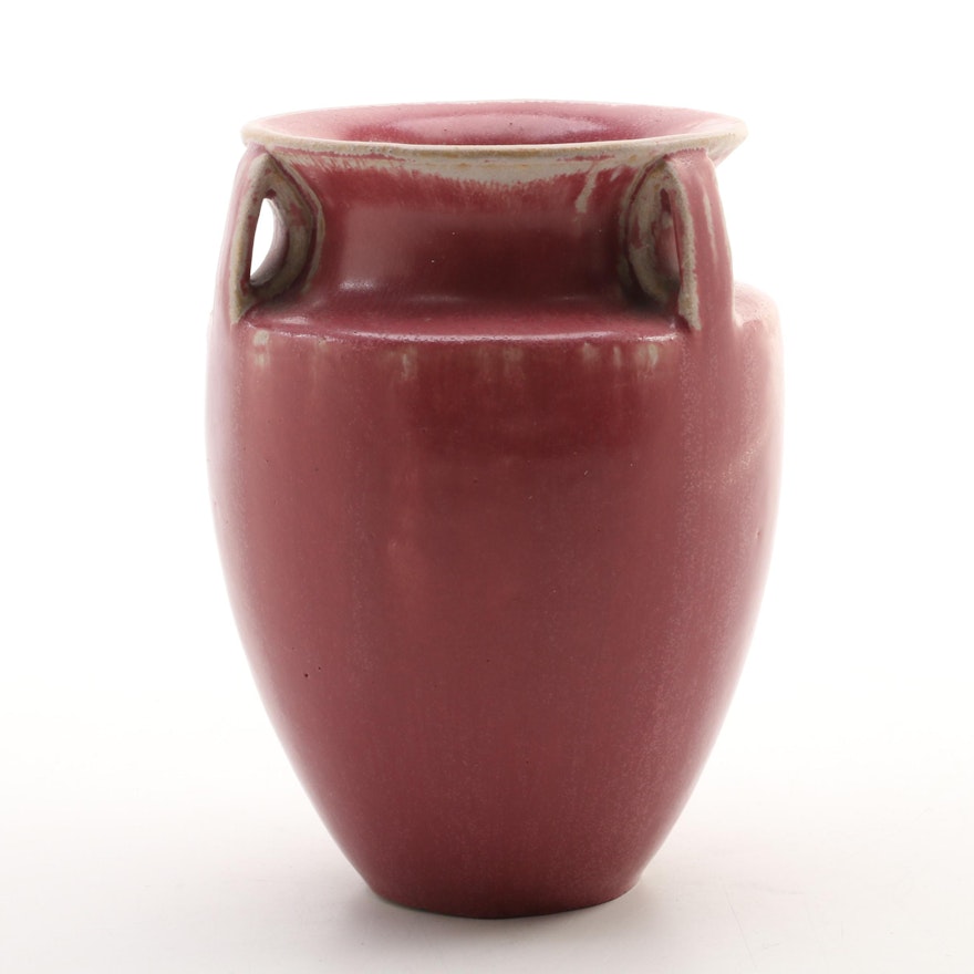 Fulper Arts and Crafts Pottery Rose Matt Glaze Three Handed Vase