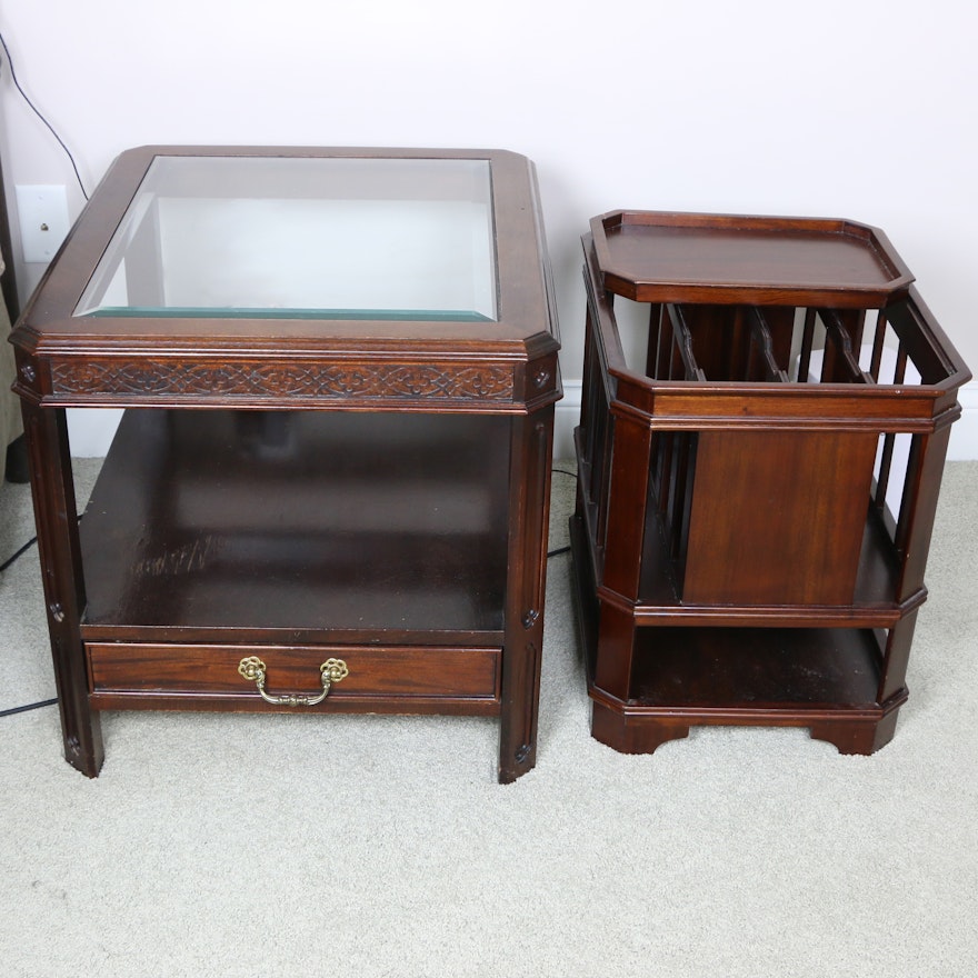 Wooden Side Table with Glass Top and Magazine Rack with Tray