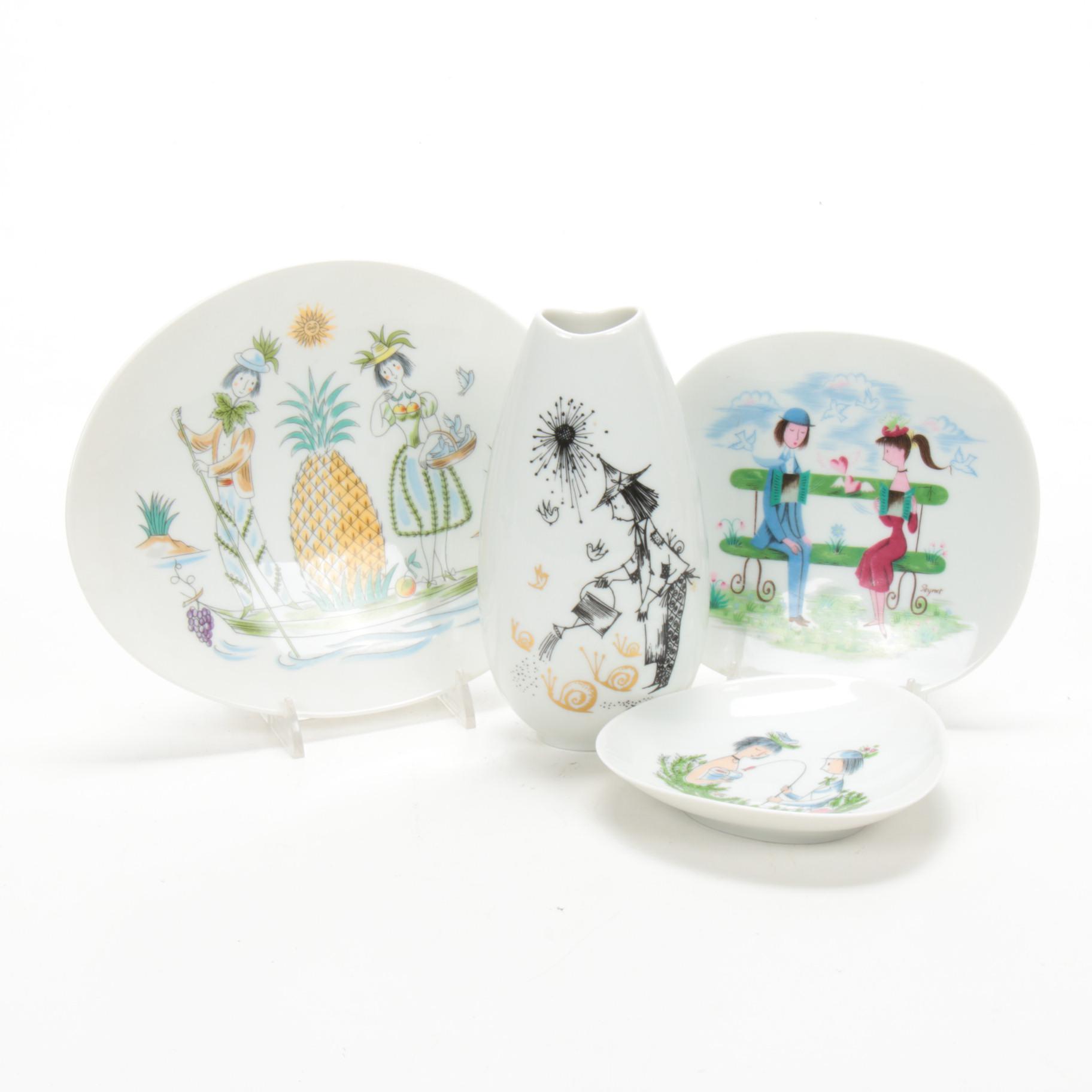 Raymond Peynet for Rosenthal "The Lovers" Pictorial Porcelain Plates and Vase