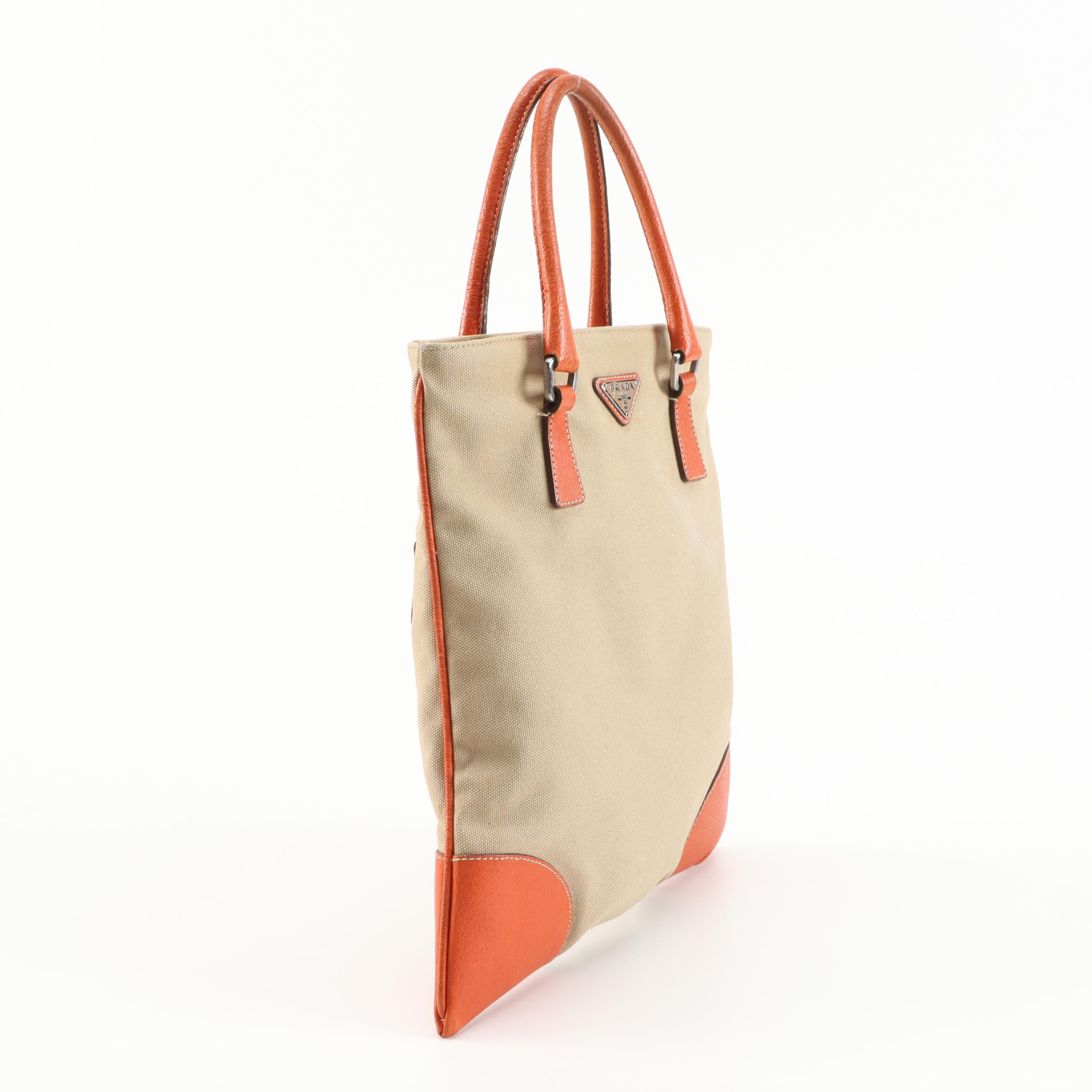 Prada Orange Leather and Beige Canvas Small Tote
