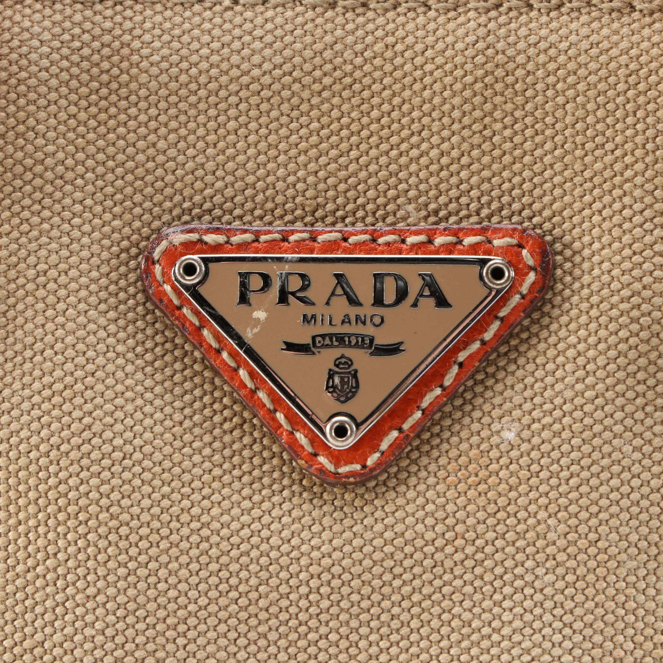 Prada Orange Leather and Beige Canvas Small Tote