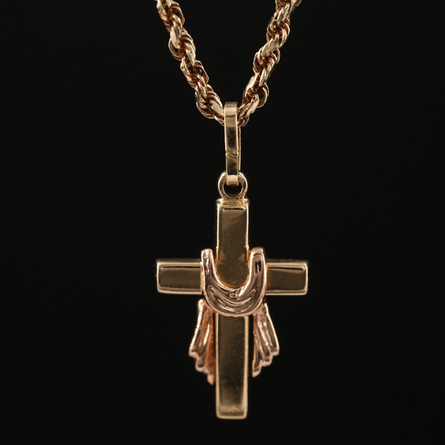 14K Cloth Draped Cross Pendant Necklace