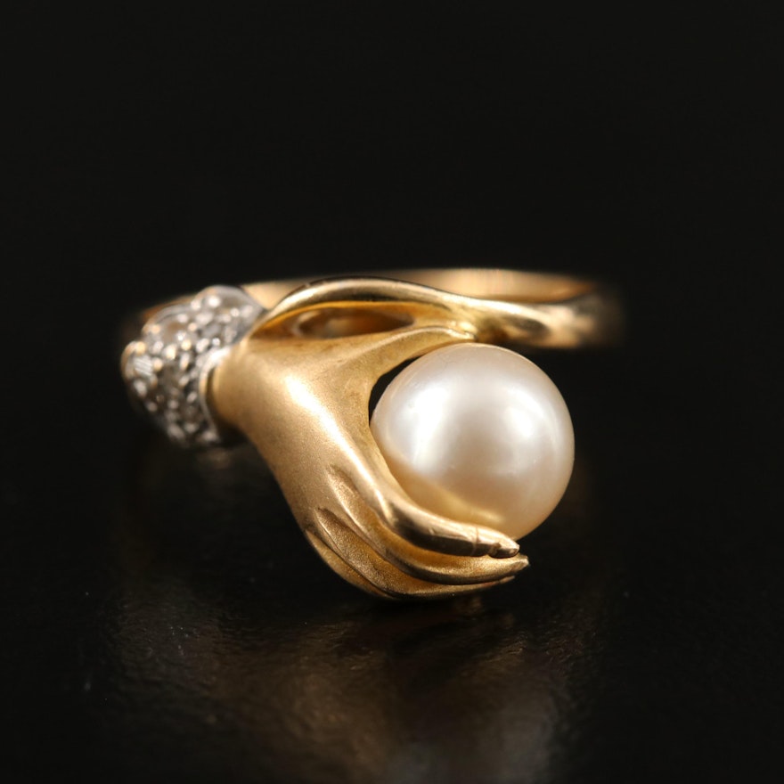 14K Pearl and Diamond Figural Hand Ring