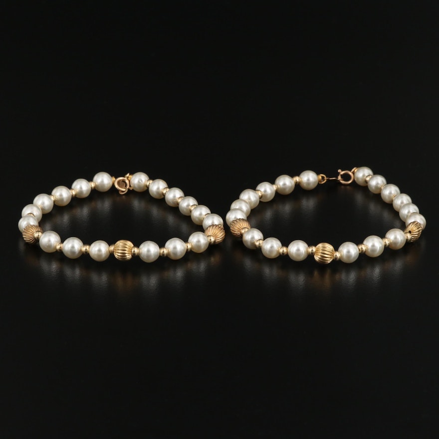 14K Faux Pearl Bracelets Featuring Fluted Accent Beads