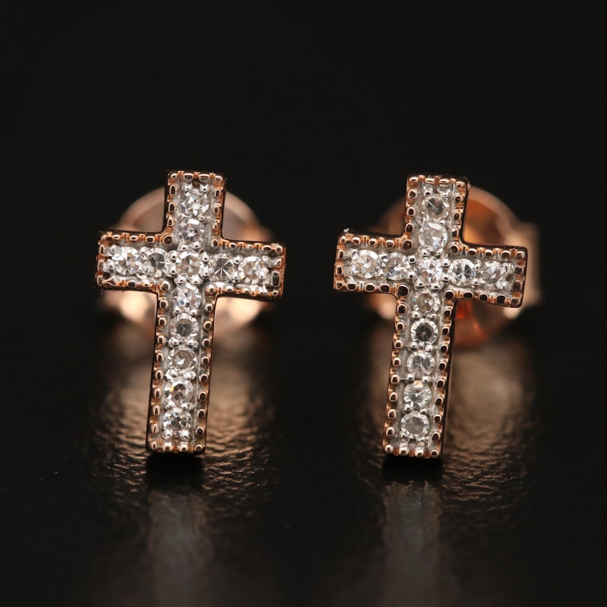 14K Rose Gold Diamond Cross Earrings