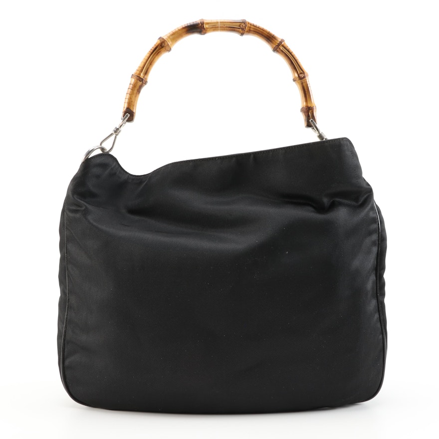 Gucci Bamboo Black Nylon and Leather Hobo Handbag