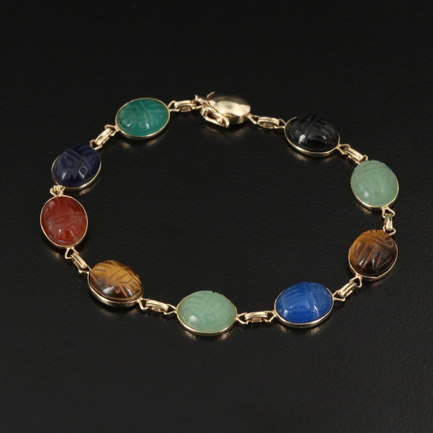 Egyptian Revival 14K Multi-Gemstone Scarab Bracelet