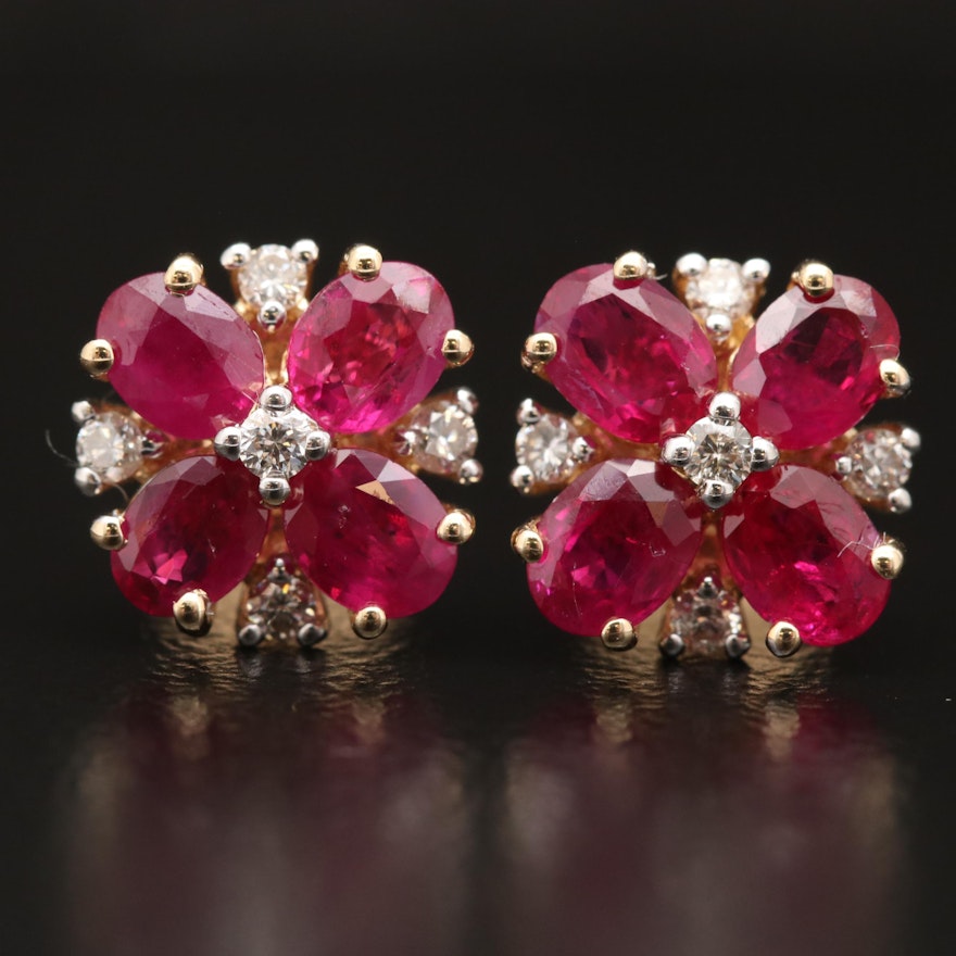 14K Ruby and Diamond Floral Stud Earrings