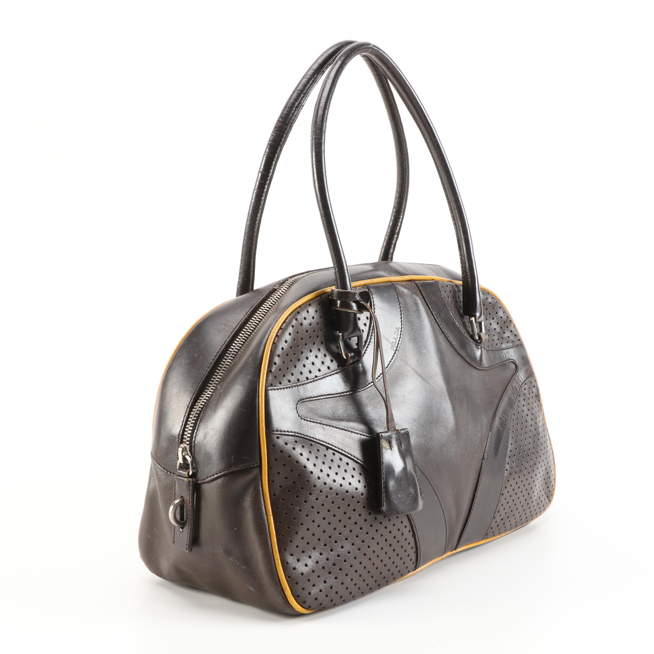 Refurbished Prada Perforated Dark Brown Leather Bowler Bag