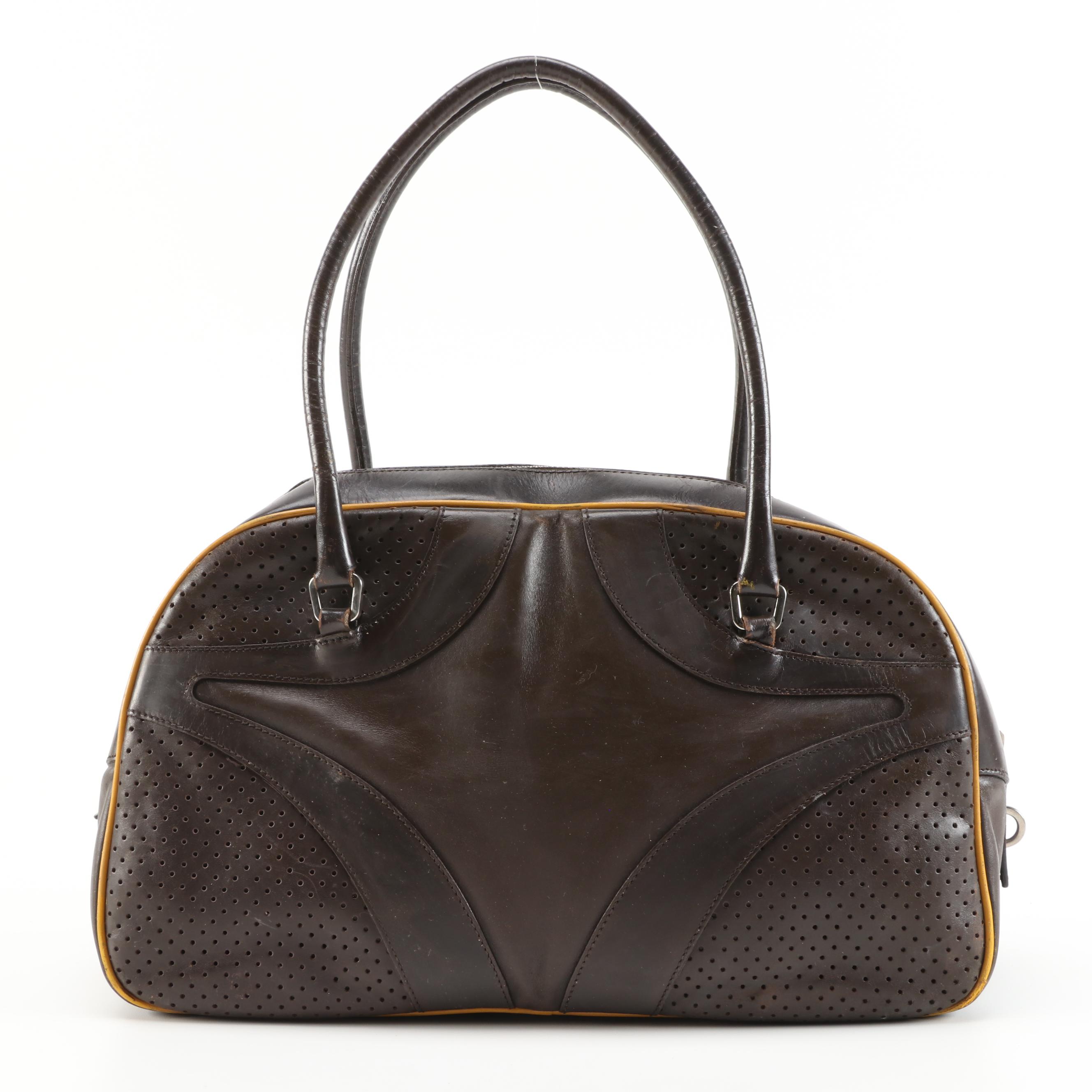 Refurbished Prada Perforated Dark Brown Leather Bowler Bag