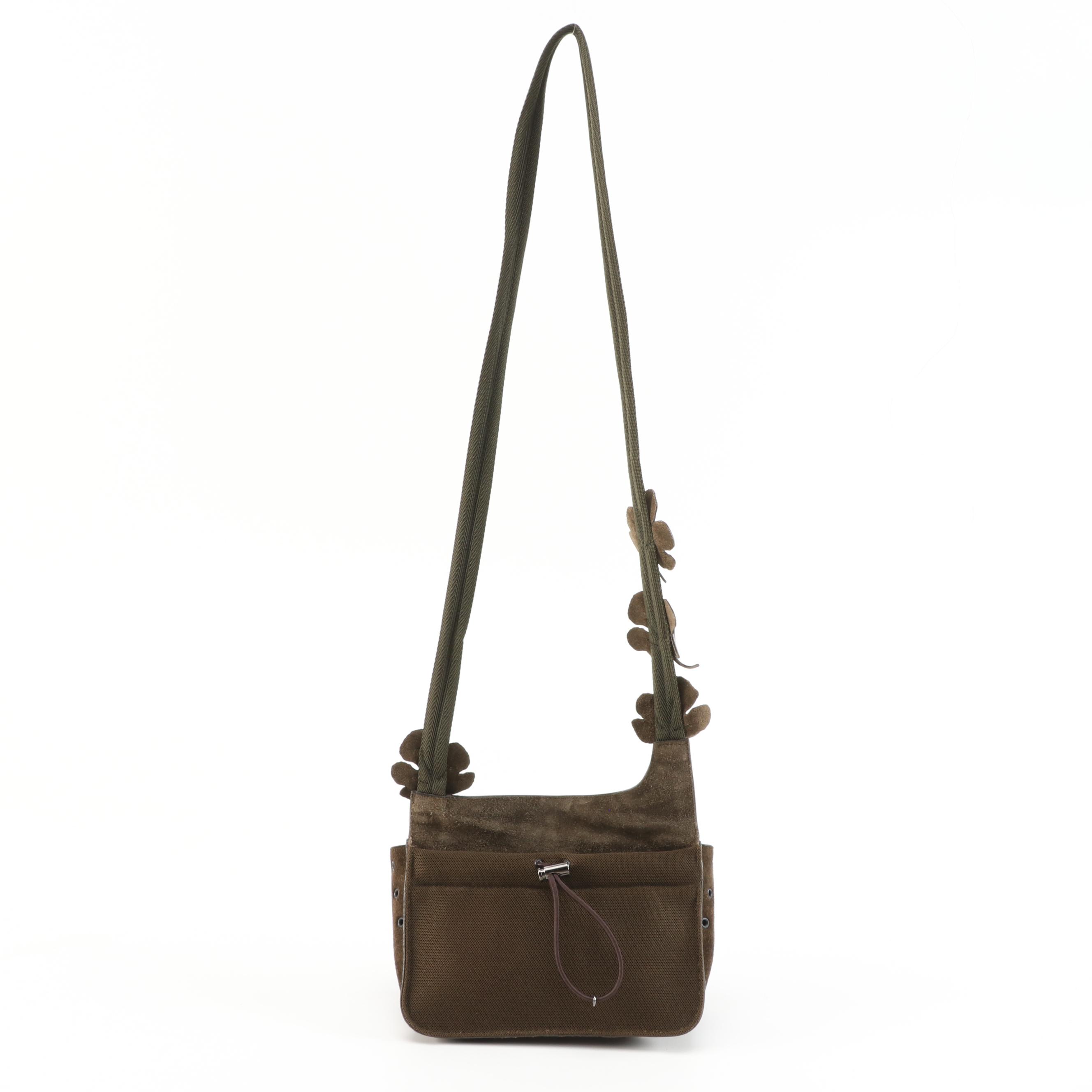 Prada Green Suede Grommet and Leather Autumnal Leaves Shoulder Bag