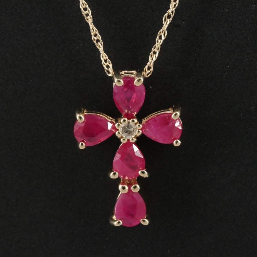 14K Ruby and Diamond Cross Pendant Necklace