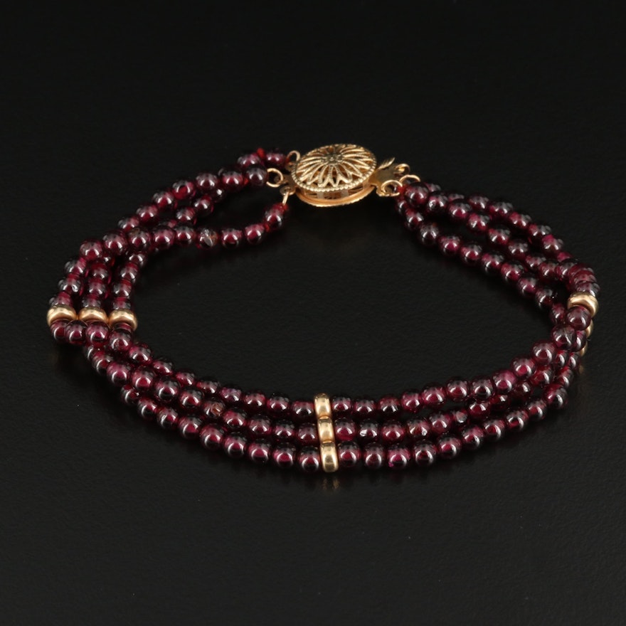 14K Beaded Garnet Three Row Bracelet