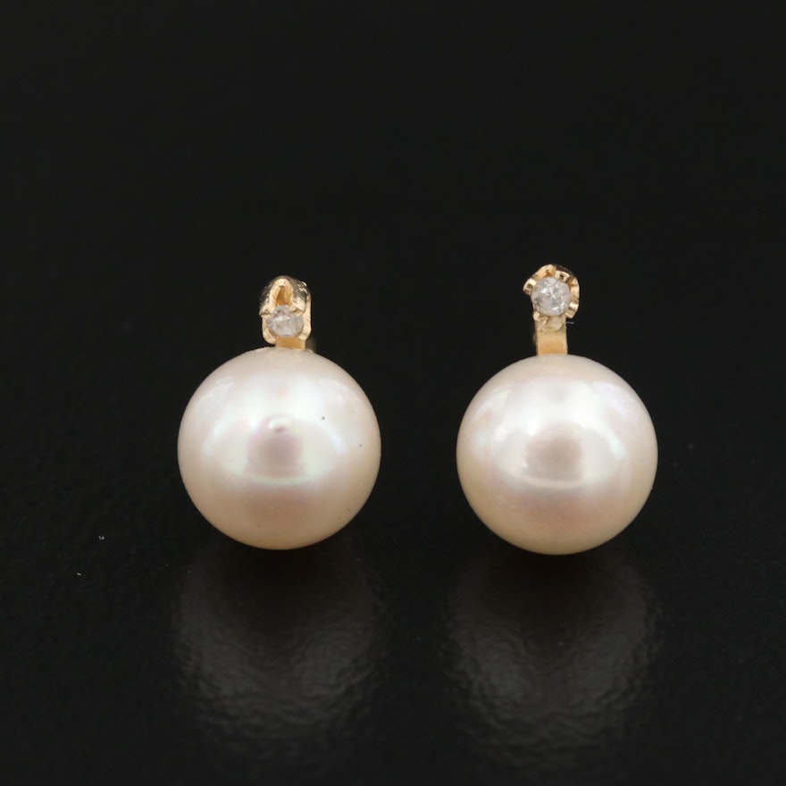 14K Pearl and Diamond Stud Earrings