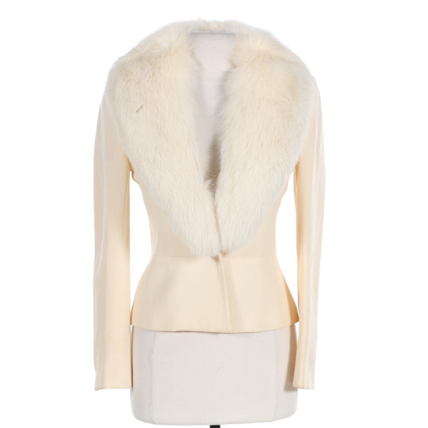 Ivory Wool Jacket with Blue Fox Fur Trim from Margaret's of Lubbock, Texas