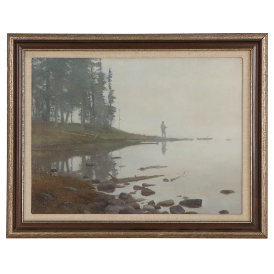 Lee Stroncek Oil Painting of Landscape with Fisherman