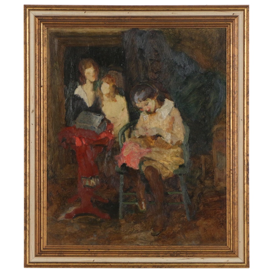 Alice Schille Genre Scene Oil Painting "Girl Sewing", circa 1926