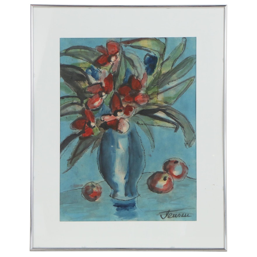 Jens Jensen Still Life Oil Painting of Vase of Flowers and Fruit