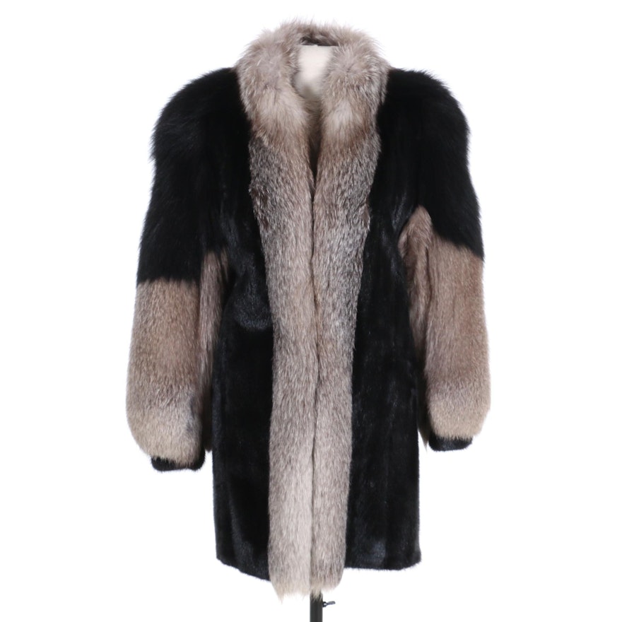 Two-Tone Fox and Ranched Mink Fur Stroller Coat with Banded Cuffs