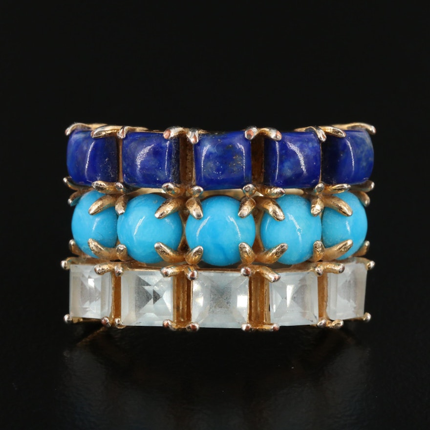 Lapis Lazuli, Turquoise and Topaz Three Row Ring Featuring Split Shoulders