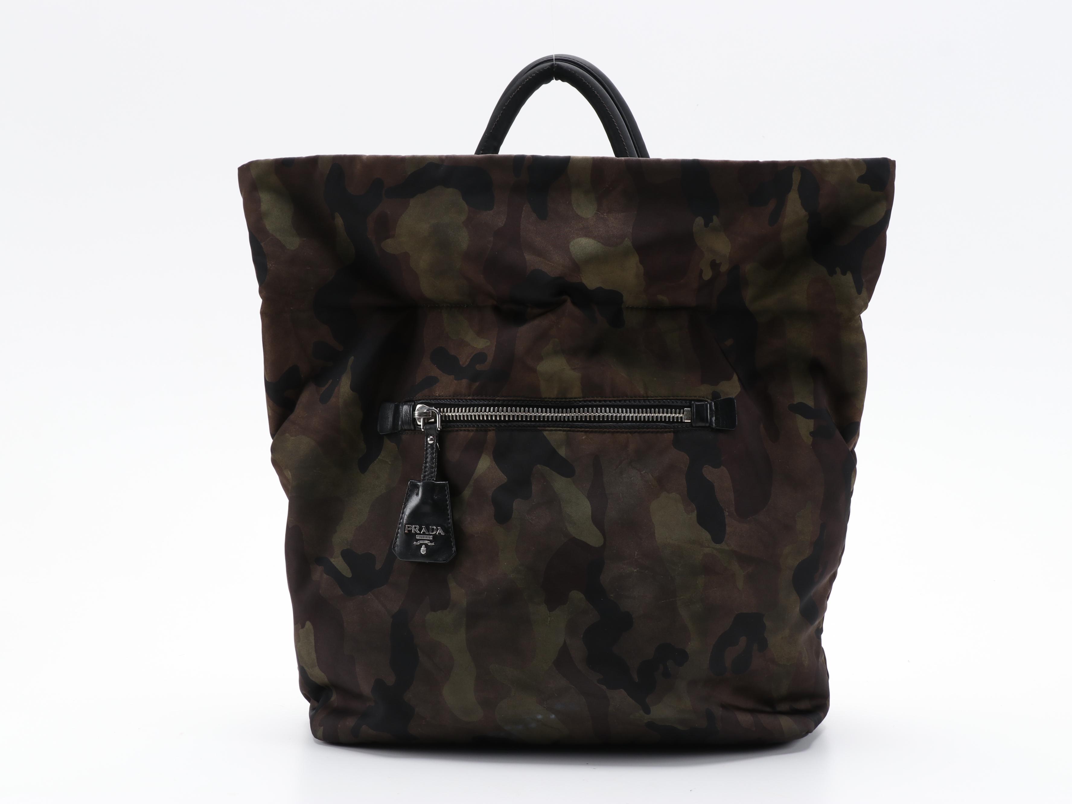 Prada Reversible Tote Bag in Brown Camouflage Print and Black Nylon