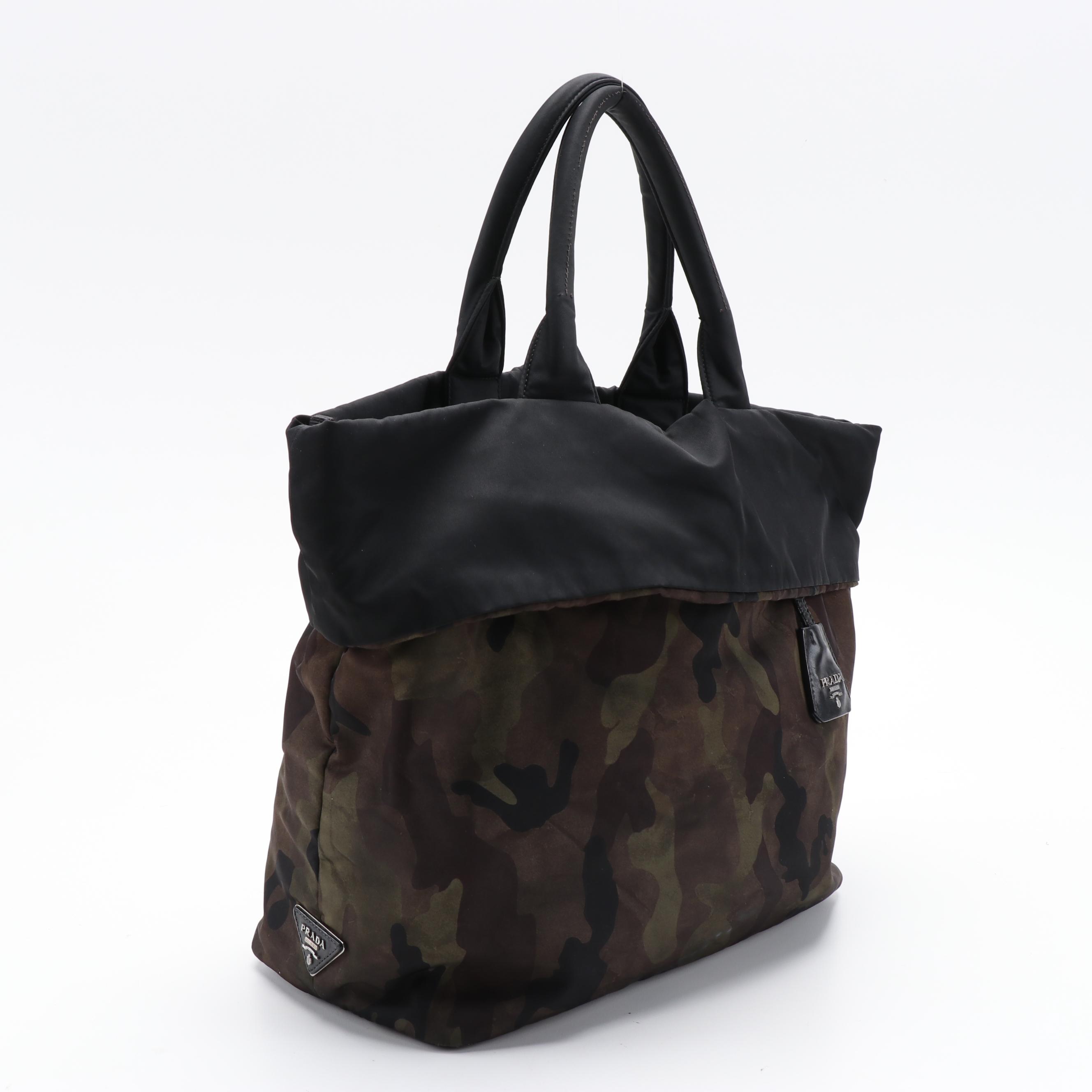 Prada Reversible Tote Bag in Brown Camouflage Print and Black Nylon