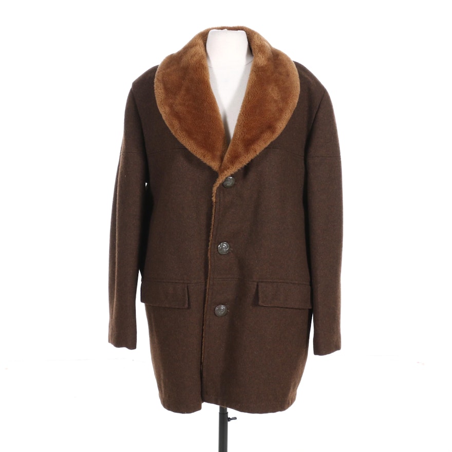 Men's Brown Wool Coat with Faux Fur Lining, 1970s Vintage